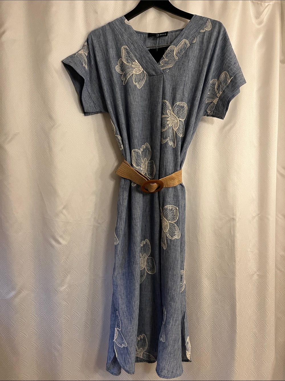 Fred David Blue Floral Maxi Dress with Tan Belt